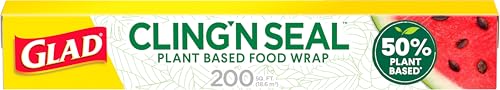 Glad 50% Plant Based Cling N Seal Plastic Wrap for Food, Airtight Seal, 200 Square Foot Roll (Pack of 1)