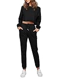 Aleumdr Sweatpants and Top Set for Women 2 Piece Outfits Crop Top with Drawstring Long Pants Pockets Clothing Lounge Jogger Sets Black Small