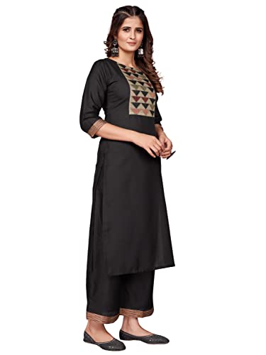 Image of Vbuyz Women's Cotton Blend Solid Straight Stitched Kurta Palazzo with Dupatta (VF-KU-1882-SKD-40 Black Large)