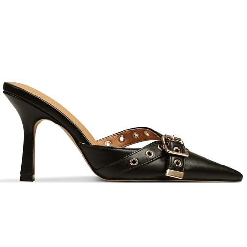 AMINUGAL Black Mules Heels for Women Pointed Closed Toe Kitten Heels Pumps Buckle Slip On Mules Studded Pointy Stiletto Heels Party Dress Vintage Pumps Pointy Kitty Heels for Women Size 8.5
