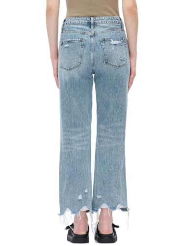 ONESO Womens Ripped Jeans Mid Waist Straight Leg Ripped Jeans Y2K Distressed Denim Pants with Raw Hem for Casual2