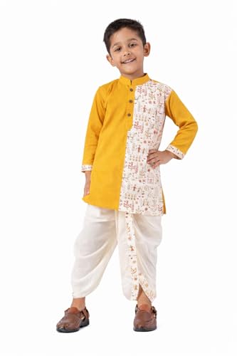 Image of Kids Ethnic Wear - Stylish Half Printed & Vibrant Color Pure Cotton Kurta with Elastic Waist Dhoti Set for Boys