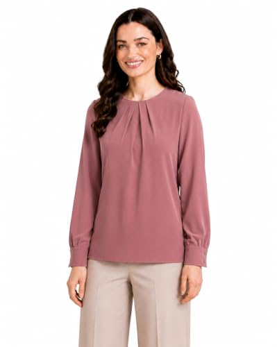 Image of Mirana Women's Full Sleeve Solid Top | Round Neck Pleated Front Regular Fit Office Casual Blouse with Button Cuffs