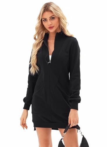 AlvaQ Sweatshirt Dress for Women Fall Winter Casual Long Sleeve Half Zip V Neck Pullover Tunic Tops Mini Dress with Pockets4