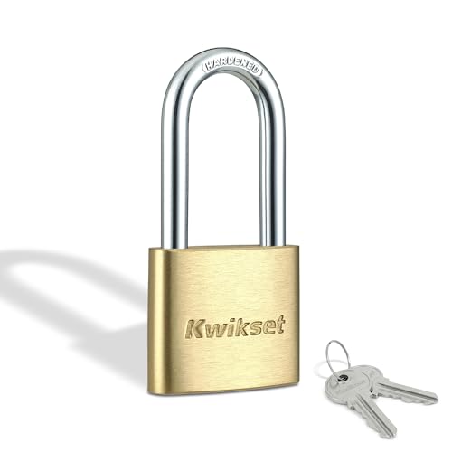 Kwikset Brass Padlock with Hardened Steel Shackle, Indoor Outdoor Cabinet and Storage Lock, 1-9/16 in Body, 1-1/2 in Shackle, 1 Pack, Brass