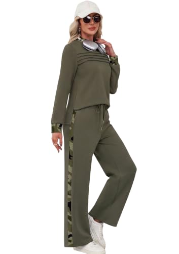 Image of WIHOLL Two Piece Sets for Women Fall Travel Vacation Outfits 2026 Long Sleeve Lounge Sets Side Slit Wide Leg Pants XS-3XL