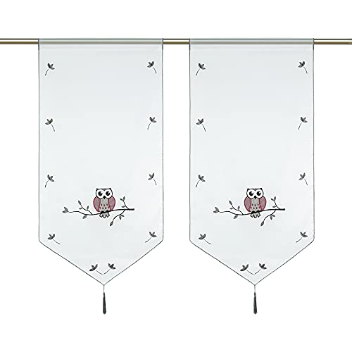 Yujiao Mao Brise-bise 1 pièce Transparent à Passer sur Tringle Blanc Court Rideau Motif brodé Chouette Gris LxH 80x160cm – vue 2
