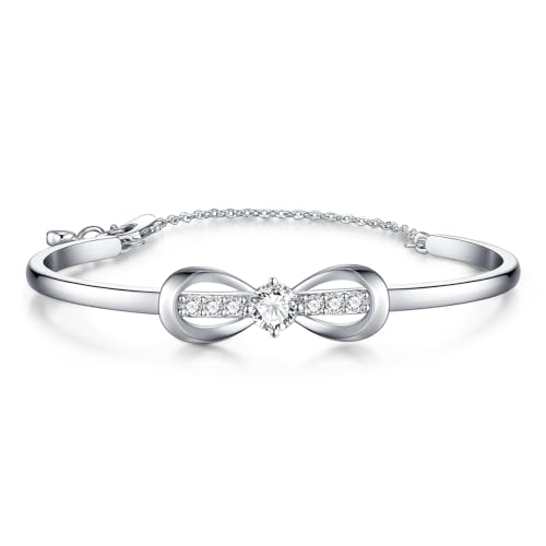 Lyniuoy Brazalete Pulsera de Mujer Bañado en Oro Blanco 18K Brazalete Abierto con Circonita y Lazo Infinito Joyería Regalo para Esposa Novia Cumpleaños Navidad Oro Blanco