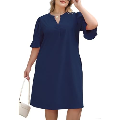 Celkuser Plus Size Summer Casual Shift Dress for Curvy Women V Neck Ruffled Sleeves Loose Shirt Dresses with Pockets 2025 14 Plus Navy Blue
