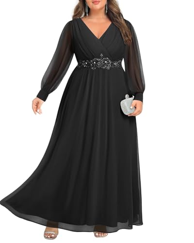 Pinup Fashion Women Plus Size Formal Dresses - Long Sleeve Evening Gown Applique Chiffon Maxi Dress