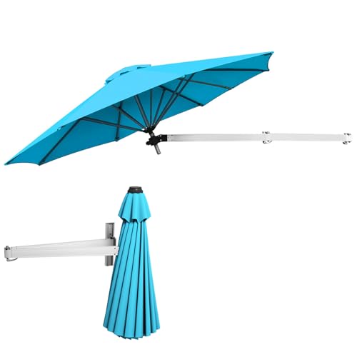 KOMFOTTEU Sombrilla de Pared Ajustable Ø250 cm, Parasol Plegable con Protección Solar para Exterior, Sombrilla de Terreza Inclinable Colgante, Paraguas para Jardín, Balcón, Patio (Turquesa)