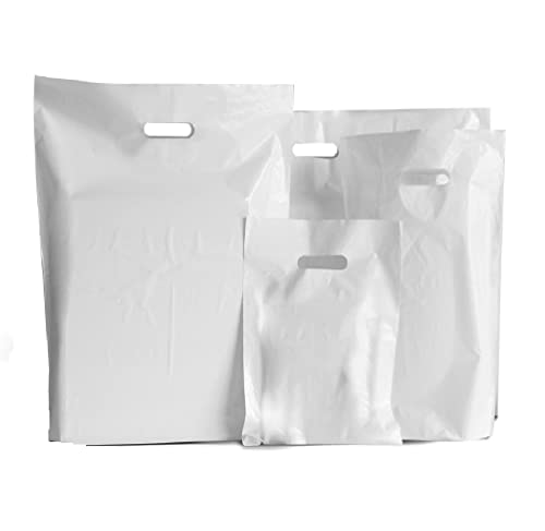 Venuscello® 100 x White Patch Handle Carrier Bags 14 x 14 x 4" Plastic Die Cut Handle Carrier Bag for Apparel Jewellery Gifts