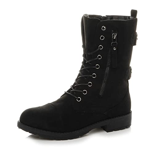 Image of AJVANI flat low heel lace up zip combat military ankle boots size 3 36
