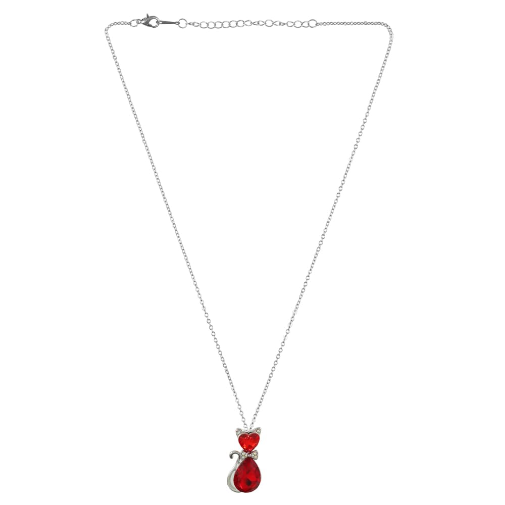 Silver-Plated Red Crystal Cat Pendant Necklace-image-44