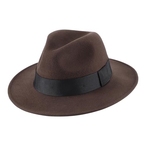 Mens Wool Fedora Hat Medium/Large Stylish Design with Grosgrain Band (US Numeric 7 1/8 7 1/4 Coffee)