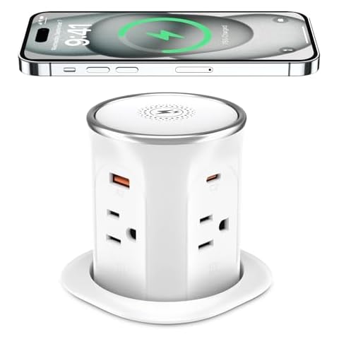 3.15in Pop Up Countertop Outlet with 15W Wireless Charger, Max 20W USB Power Delivery 15A Tamper Resistant, Desktop Mount Electrical Receptacle with 4 Outlets & 4 USB for Home Office Cover