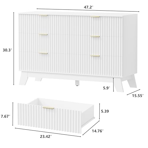 Image of HUANLEGO 6 Drawer Dresser for Bedroom, Fluted White Dresser Chest of Drawers with Gold Handle, Mid Century Modern Dressers for Closet, Bedroom Chest Storage Organizer for Living Room, Hallway