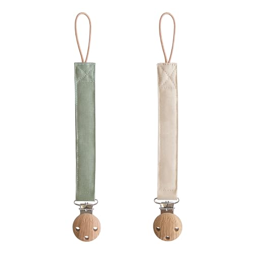 Image of mushie Linen Baby Pacifier Clip Holder | Soft Fabric Strap, 2-Pack (Olive/Shifting Sand)