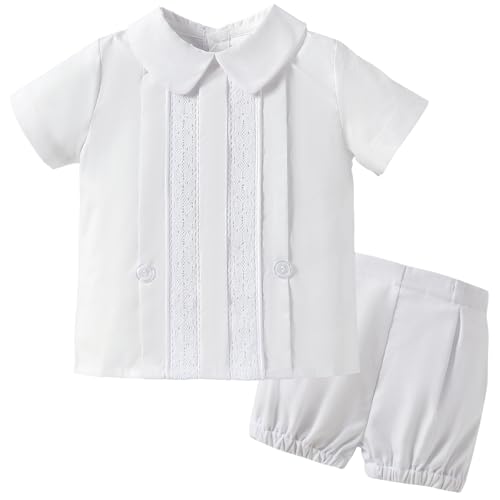 Booulfi Baptism White Suit for Baby Boys Christening Wedding Formal Suit Birthday Outfits Shirt Suspender Pant for Boys