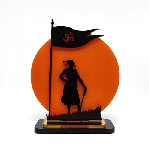 Image of Chatrapati Shivaji Maharaj Acrylic Idol | Decorative Table Showpiece with Orange Background & Silhouette Design | Car, Home, Office & Gift Decor, 4 Inch