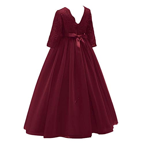 Flower Girls 3/4 Sleeve Deep V-Back Tulle Vintage Lace Wedding Party Long Dress Princess Communion Pageant Maxi Gown3