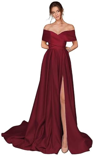 Infuness Damen Abschlusskleider Lang mit Taschen Off Shoulder Satin Ballkleider mit Korsett A-Linie Formelle Party Abendkleid