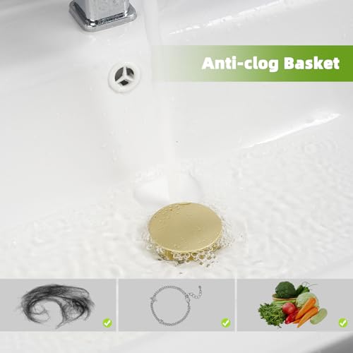 Image of Universal Bathroom Sink Drain Stopper Strainer, 2PCS, Brushed Gold | 2 in 1 Pop Up Sink Stopper for 1.1''~2.36'' Sink Basin Hole, Hair Catcher with Removable Stainless Steel Filter Basket