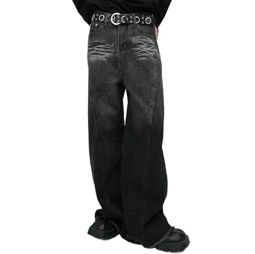Men's Retro Plus Size Wide Leg Baggy Jeans Relaxed Fit Work Cargo Pants Streetwear Black Grey Gradient Trousers