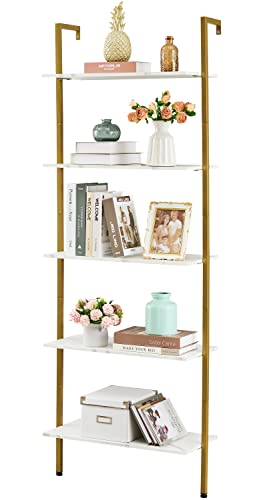 Tajsoon Large Bookcase, Industrial Ladder Shelf, 5-Tier Wood Wall Mounted Bookshelf With Metal Frame, Open Display Storage Shelves For Home, Office, Collection, Plant Flower, White & Gold #TOP18