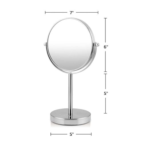 Image of OVENTE 6'' Tabletop Vanity Makeup Mirror, Nickel Brushed MNLT60BR1X7X | Double Sided Round Magnifying Table Mirror with 1X /7X Magnification, 360 Rotation, Perfect for Dresser Bedroom Office Travel