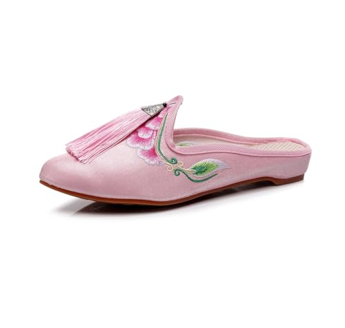 Mules plates dos nu brodées style chinois et slippers vintage à bout pointu pour femme