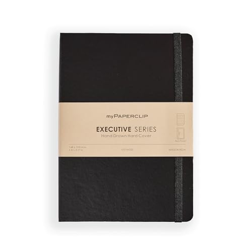 Image of myPAPERCLIP Executive Series A5 Ruled Notebook | 192 Pages, 80 GSM, Hard Cover, A5 (5 .83 x 8.27 in) | Flat Lay | Bookmark, Elastic Closure & Back Pocket | Black