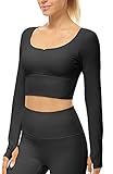icyzone Damen Yoga Crop Top Langarm Sport Shirt mit Integriertem BH, Fitness Bauchfrei Oberteil Langarmshirt (Black, M)