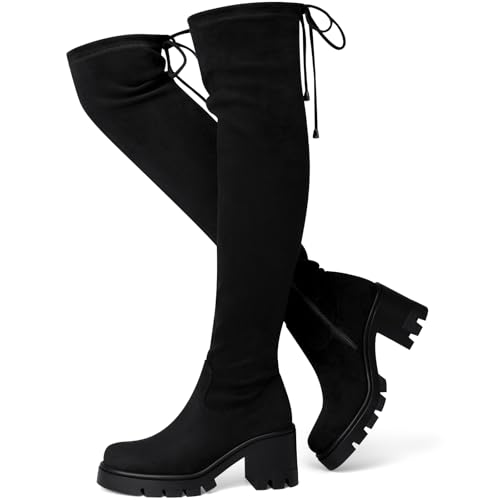 CELLENZ Women Thigh High Boots: Platform Over The Knee Boot - Black Suede Fall Long boots - Chunky Tall Boot size 8.5