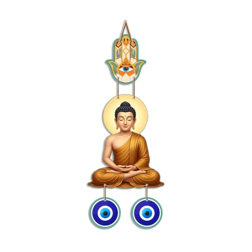 Image of Artvibes Meditating Buddha Wall Hanging with Hamsa Hand and Evil Eye Protection Charm | Spiritual Home Decor for Meditation and Mindfulness | Decorative Hanging for Living Room | Yoga Space (WH 8599N)