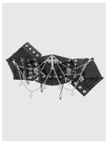 WDIRARA Women's Faux Leather Corset Belt Chain Goth Punk Cross Lace Up Side Elastic Waist Corset4