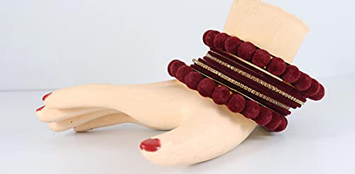 Image of NMII Stylish Metal with Golden Zircon Stone & Velvet Balls Bangles Set For Women and Girls | Fancy Designer Bangles | Short Velvet Chuda Set | Women's Fashion Jewellery
