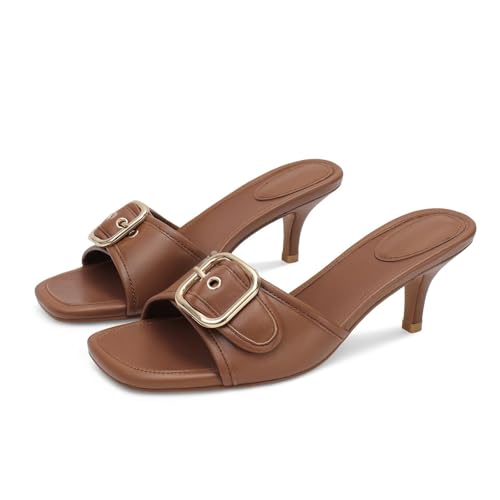 Image of Dsevht Black Kitten Heel Sandals Stiletto Low Heels Slip On Slides Mule Sandal Square Open Toe Dress Shoes for Women