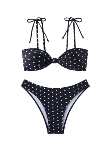 Milumia Women's Polka Dots Bikini Sets 2 Piece High Cut Tie Shoulder Swimsuit Beachwear Multicolor Medium