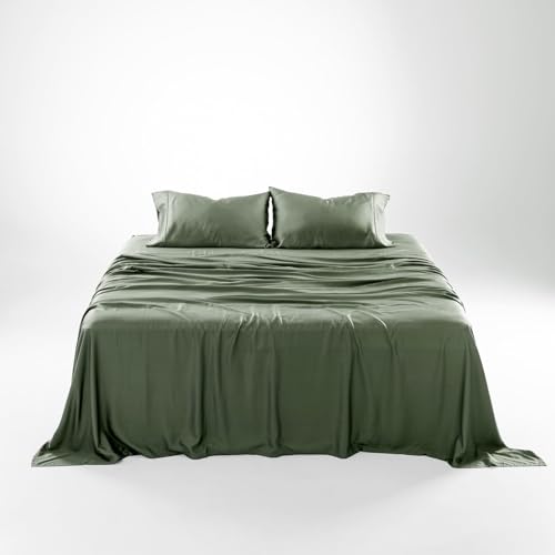 Image of Olive + Crate Tencel Lyocell Eucalyptus Sheets King Size - Cooling Sheets for Hot Sleepers with 18 Inch Deep Pocket Fit - Moss 4-Piece Set