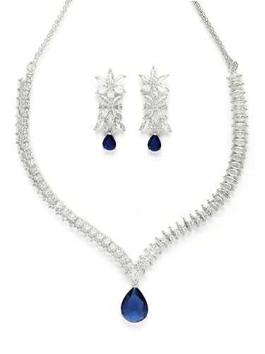 Image of Karatcart Elegant Silver Plated Blue American Diamond Necklace Set for Women