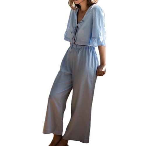 Image of Argeousgor Women Plaid 2 Piece Pajama Set Button Down Puff Sleeve Babydoll Shirt Gingham Pants Pj Lounge Set Sleepwear
