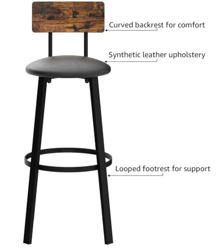 VASAGLE-Bar-Stools-Set-of-2-PU-Upholstered-Breakfast-Stools-297-Inches-Barstools-with-Back-and-Footrest-Simple-Assembly-for-Dining-Room-Kitchen-Counter-Bar-Rustic-Brown-and-Black-ULBC069B81 VASAGLE Bar Stools Set of 2 PU Upholstered Breakfast Stools 297 Inches Barstools with Back and Footrest Simple Assembly for Dining Room Kitchen Counter Bar Rustic Brown and Black ULBC069B81