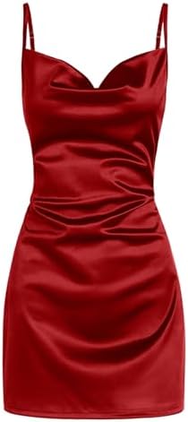 ZAFUL Women's Satin Sleeveless Spaghetti Strap Mini Dress Sexy Slip Cowl Neck Silky Cocktail Party Dresses(Red, M)