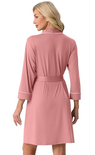 Image of PrinStory Womens Robe Knee Length Soft Knit Bathrobe S-2XL | V-Neck 3 /4 Sleeve Robes with Pockets, Lightweight, Breathable Bath Robe for Shower, Spa, Travel, Home, Party, Nursing