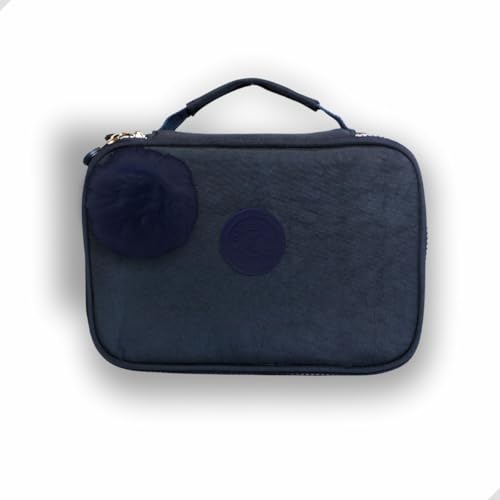 Estojo Escolar Grande de Nylon 23x15x6 cm com 24 Elásticos e Pompom, Várias Cores (Azul)