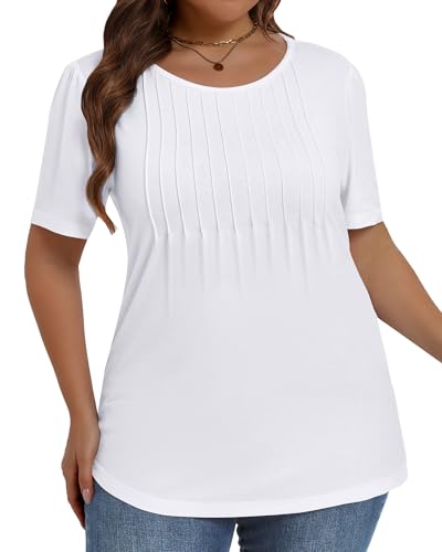 Image of Plus Size Tops for Women Pleated Summer Top Trendy Short Sleeve Shirts Casual Basic Tee Crew Neck Blouses 2026
