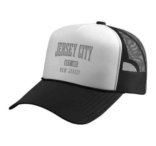 Jersey City New Jersey Vintage Pride Trucker Hat with Adjustable Mesh Back, Black/White