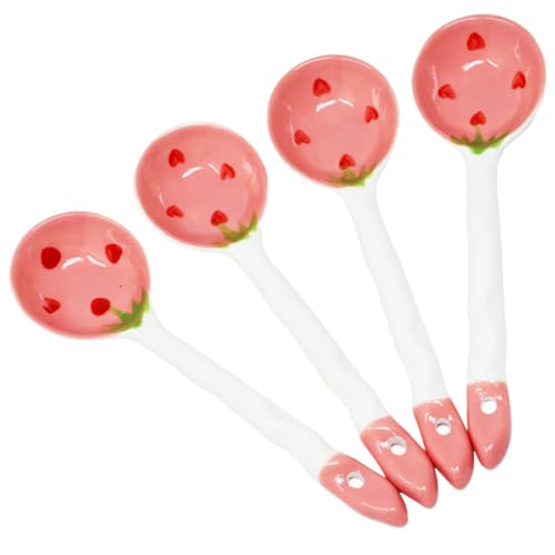 Honbay 4PCS Long Handle Ceramic Soup Spoons Cute Fruit Strawberry Pattern Tablespoons Porcelain Spoon with Hanging Hole for Coffee Fruit Dip Stew Porridge Yogurt Ice Cream Appetizers and Desserts