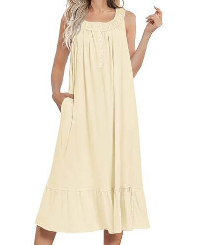 Ekouaer Women's Nightgowns - Long Sleeveless Nightgown with Pockets, Lemon